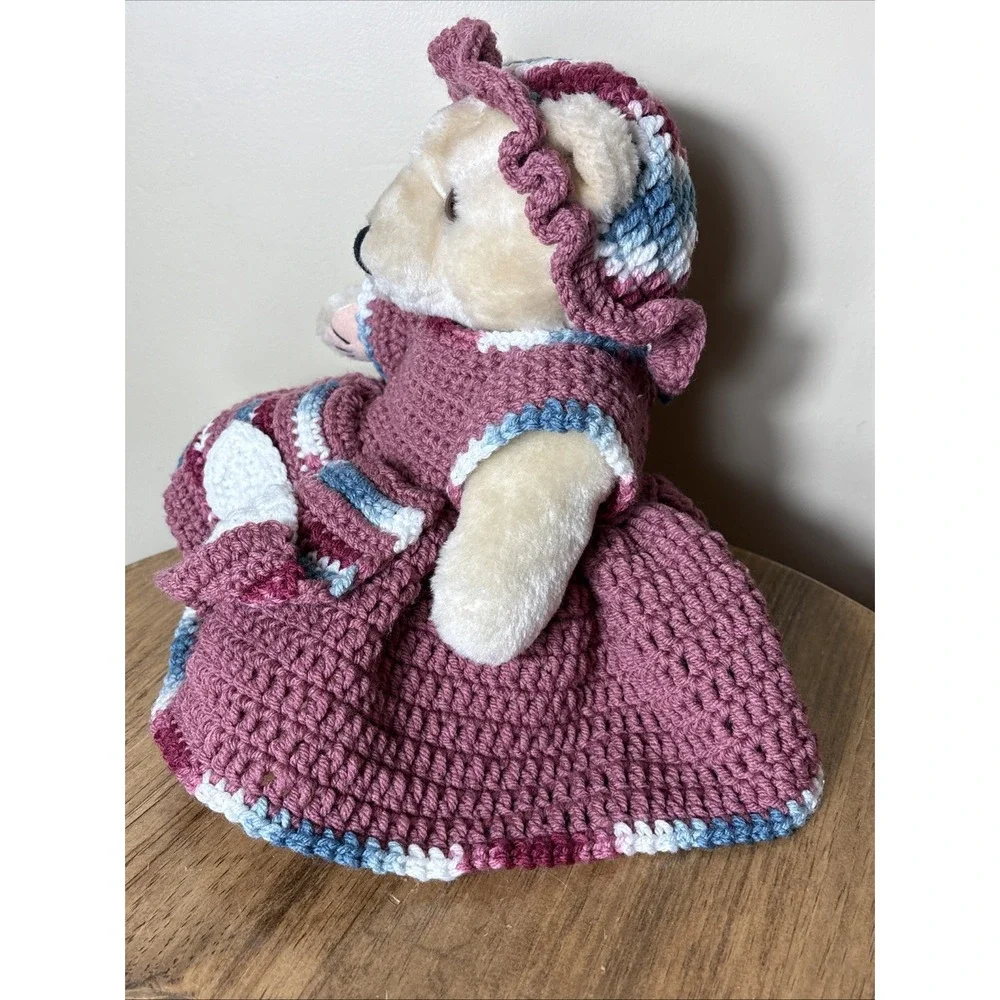 Bear In Handmade Crochet Dress W/ Hat Bear Has Movable Arms & Legs